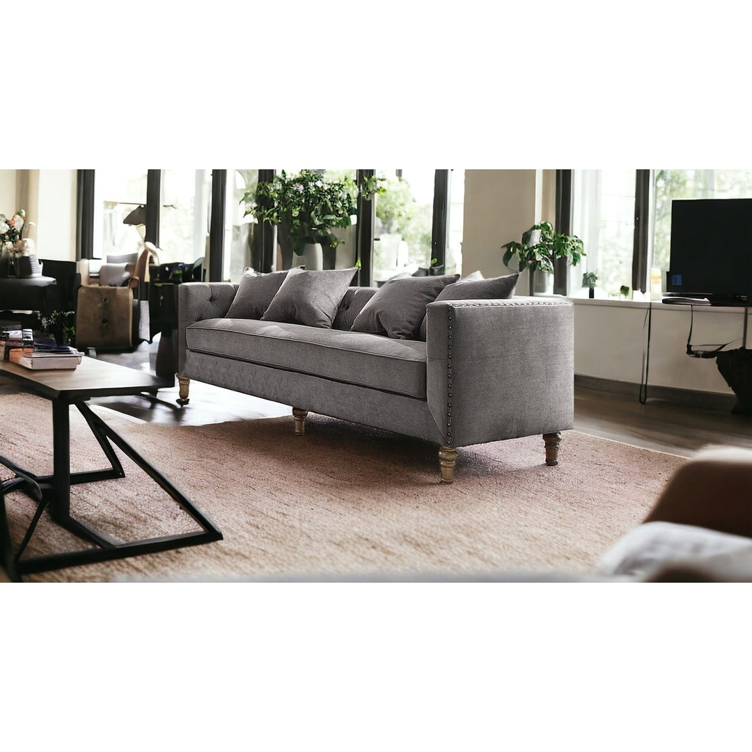 34" Gray Velvet Sofa And Toss Pillows With Brown Legs Image 7