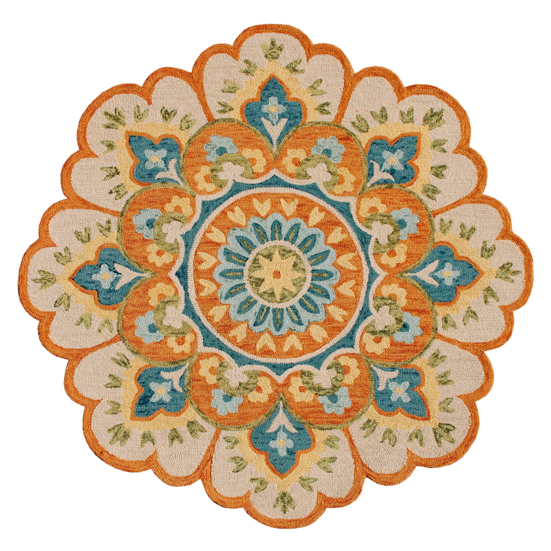 4 Orange and Blue Round Wool Floral Hand Tufted Area Rug Image 1