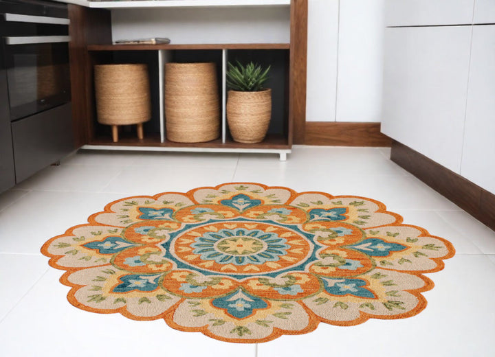 4 Orange and Blue Round Wool Floral Hand Tufted Area Rug Image 3