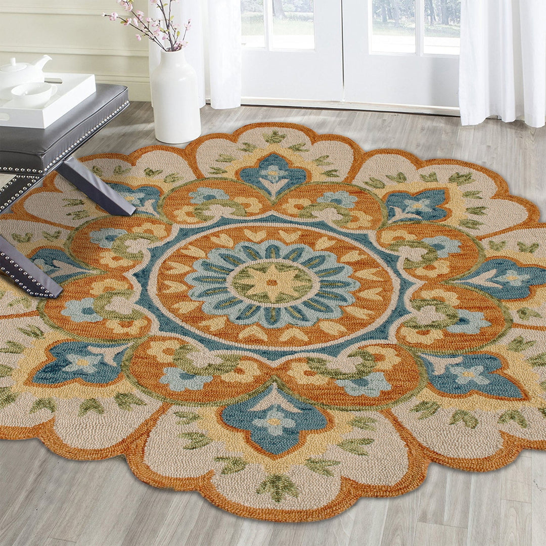 4 Orange and Blue Round Wool Floral Hand Tufted Area Rug Image 5