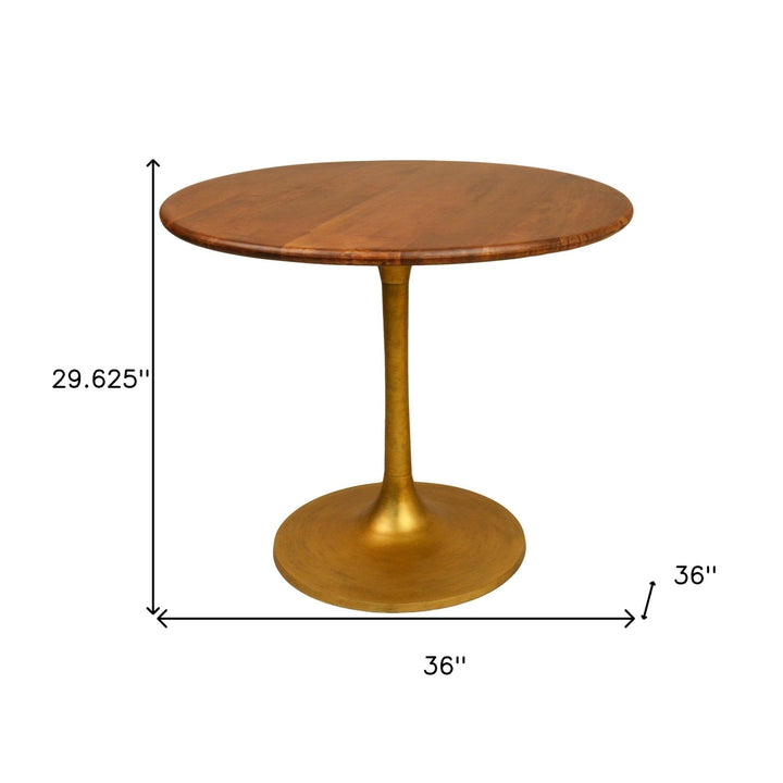 36" Brown and Gold Rounded Solid Wood and Iron Pedestal Base Dining Image 3