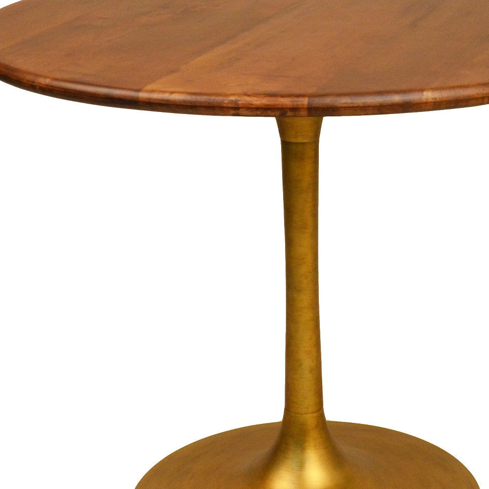 36" Brown and Gold Rounded Solid Wood and Iron Pedestal Base Dining Image 4