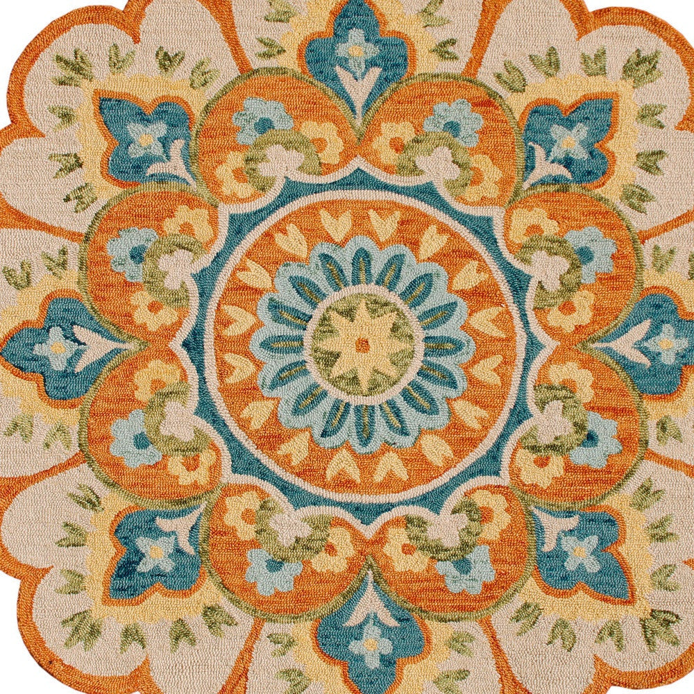 4 Orange and Blue Round Wool Floral Hand Tufted Area Rug Image 12