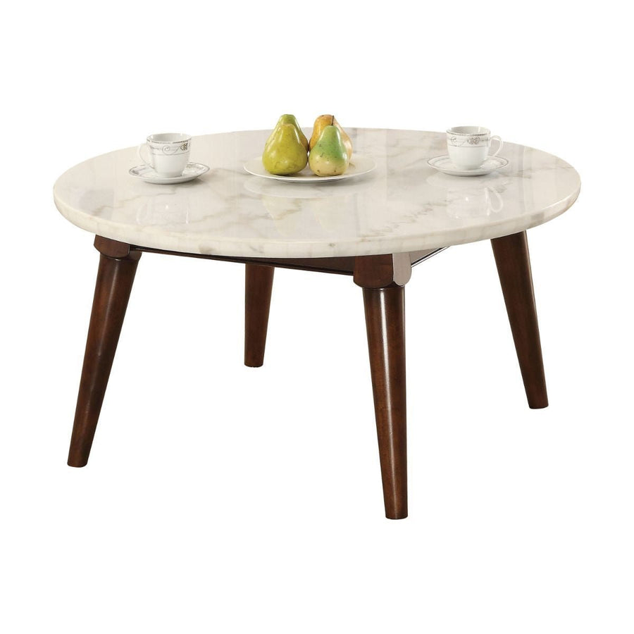 36" Walnut And Marble Faux Marble Round Coffee Table Image 1