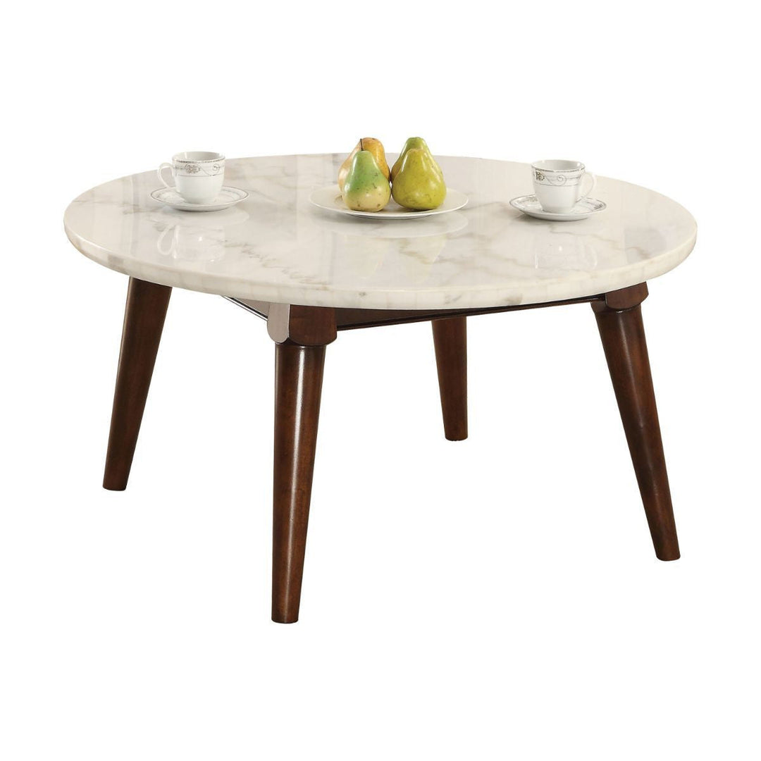 36" Walnut And Marble Faux Marble Round Coffee Table Image 4