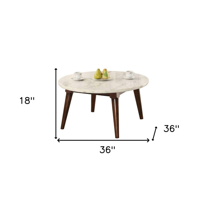 36" Walnut And Marble Faux Marble Round Coffee Table Image 5