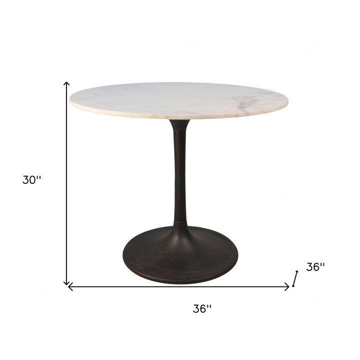 36" White and Black Rounded Marble and Iron Pedestal Base Dining Image 2