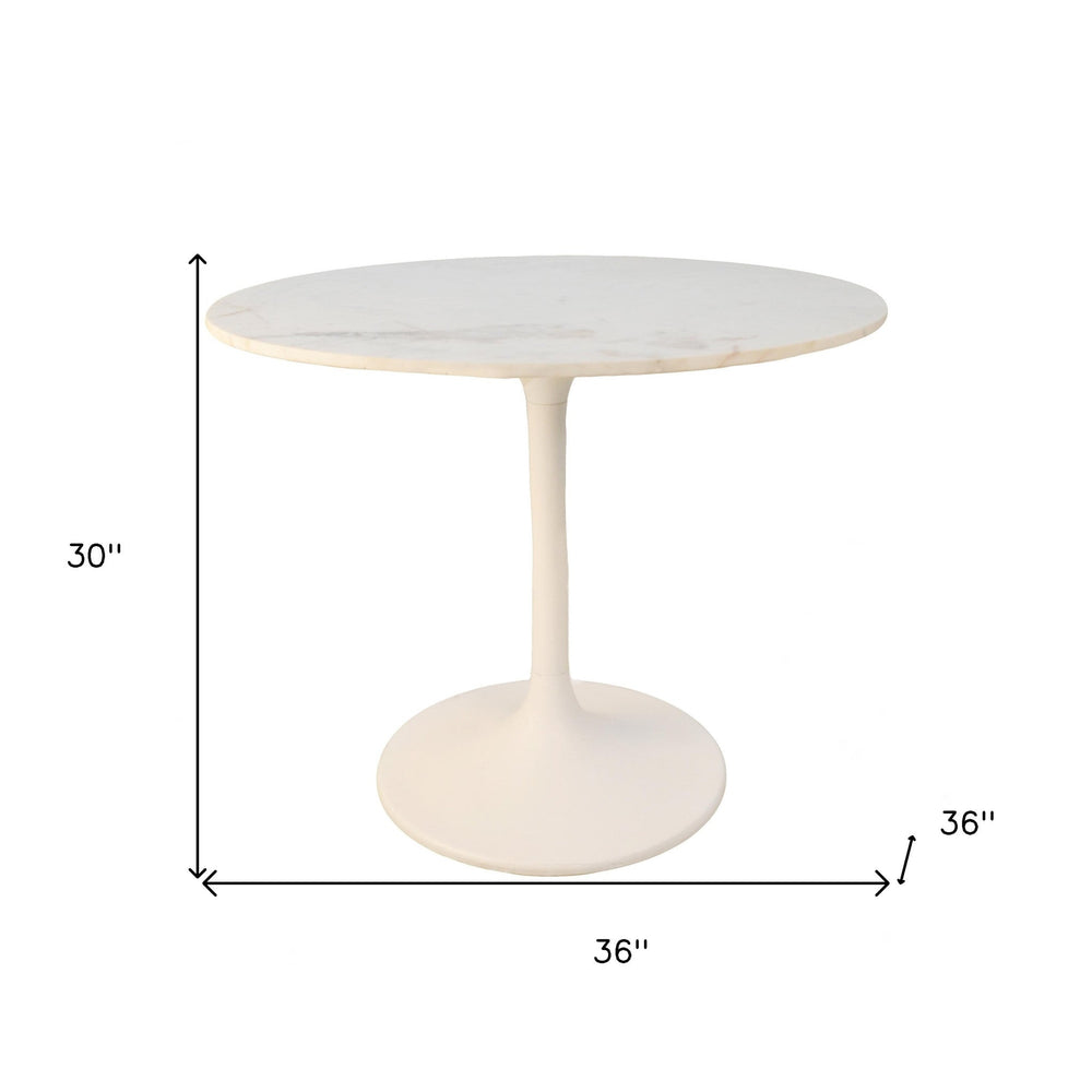 36" White Rounded Marble and Iron Pedestal Base Dining Image 2