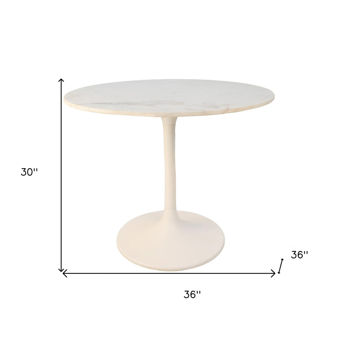 36" White Rounded Marble and Iron Pedestal Base Dining Image 2