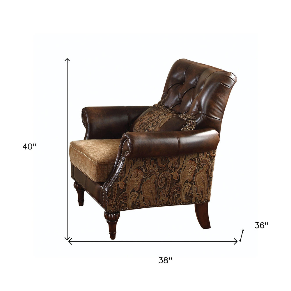 38" Brown And Black Faux Leather Floral Tufted Arm Chair Image 2