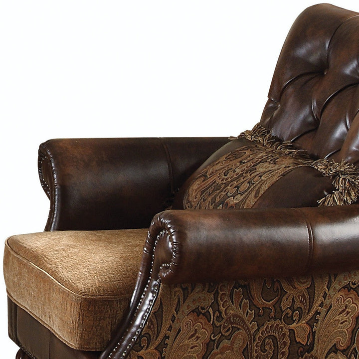 38" Brown And Black Faux Leather Floral Tufted Arm Chair Image 3