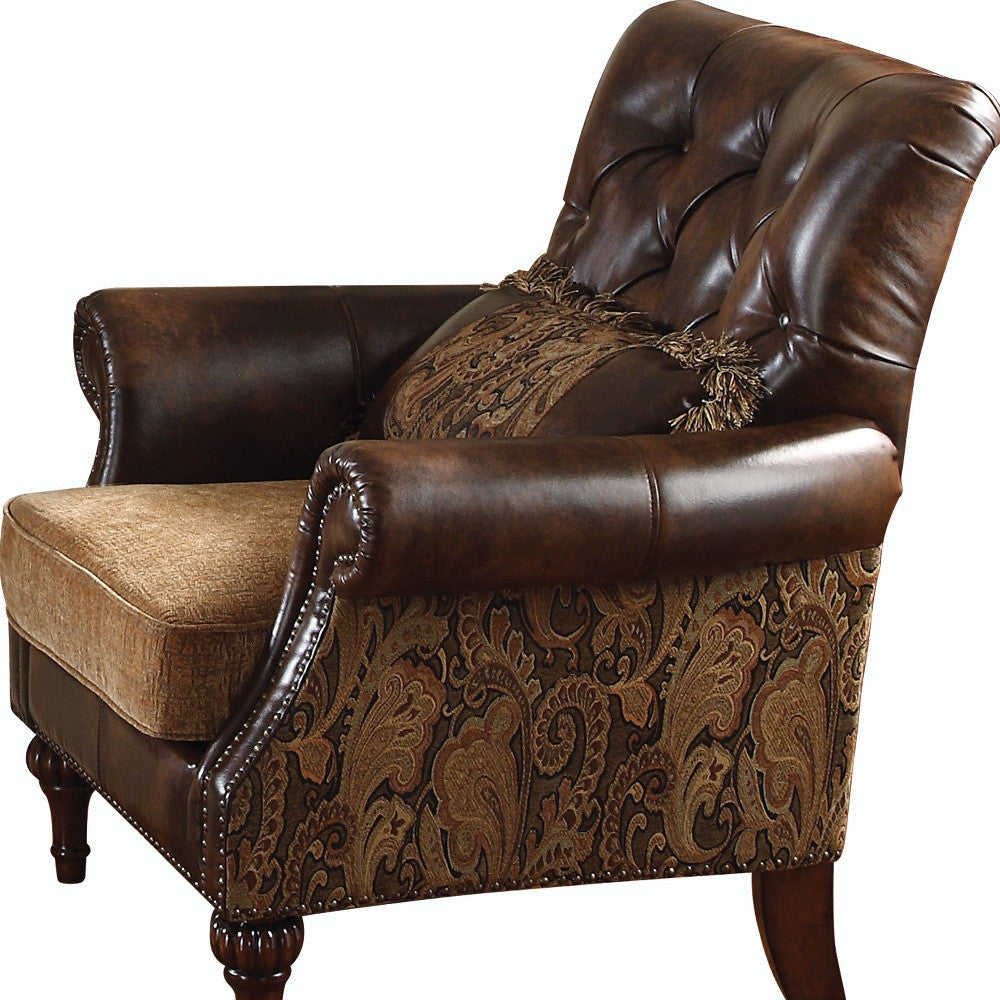 38" Brown And Black Faux Leather Floral Tufted Arm Chair Image 4