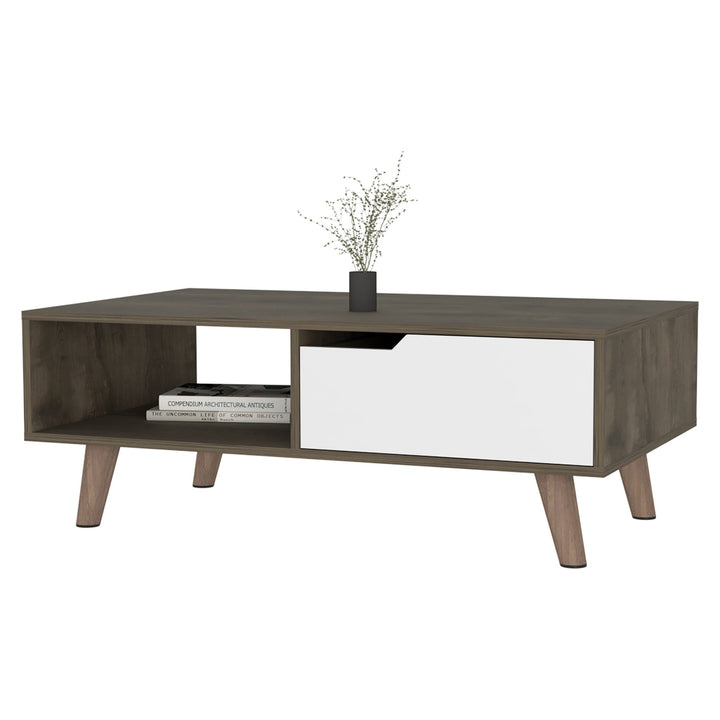 40" Natural And Dark Brown And White Wood Rectangular Coffee Table With Shelf Image 3