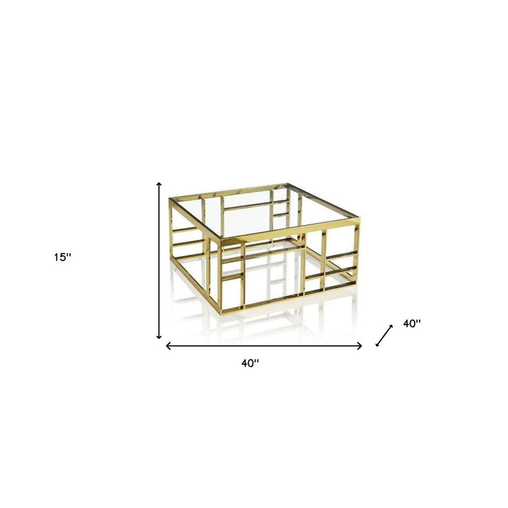 40" Gold And Clear Glass Square Coffee Table Image 2