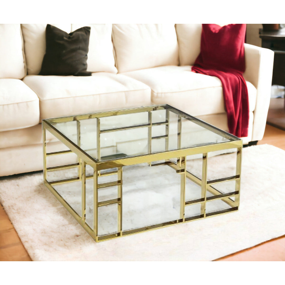 40" Gold And Clear Glass Square Coffee Table Image 4