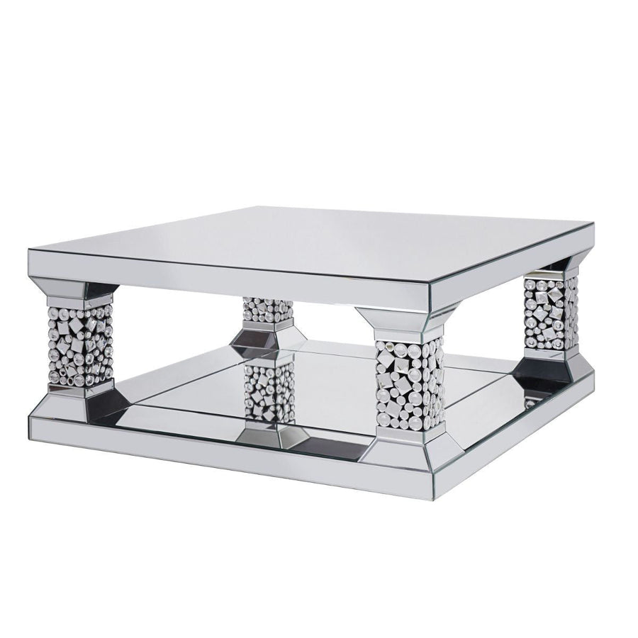 40" Silver Glass Square Mirrored Coffee Table With Shelf Image 1