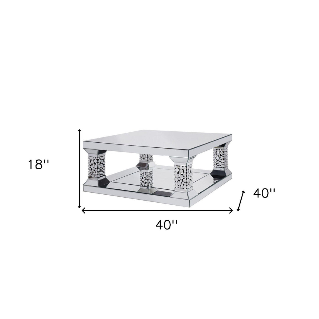 40" Silver Glass Square Mirrored Coffee Table With Shelf Image 2