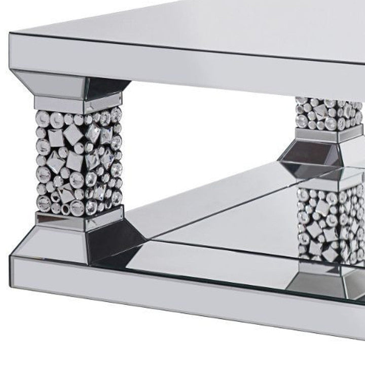 40" Silver Glass Square Mirrored Coffee Table With Shelf Image 4