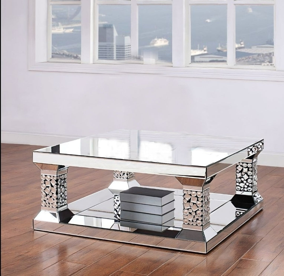 40" Silver Glass Square Mirrored Coffee Table With Shelf Image 6