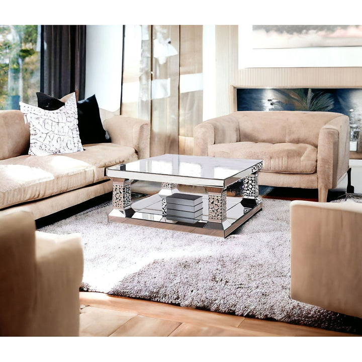 40" Silver Glass Square Mirrored Coffee Table With Shelf Image 7