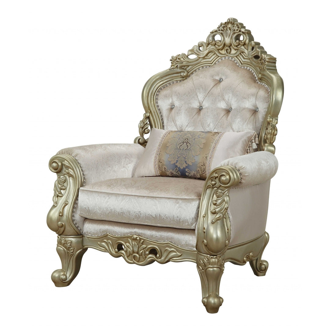 40" White And Pearl Fabric Damask Tufted Chesterfield Chair Image 1