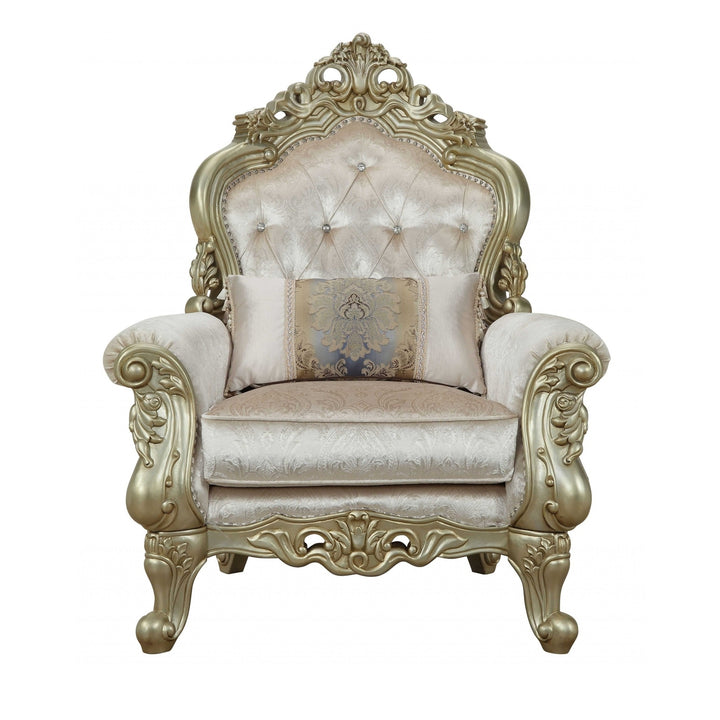 40" White And Pearl Fabric Damask Tufted Chesterfield Chair Image 2