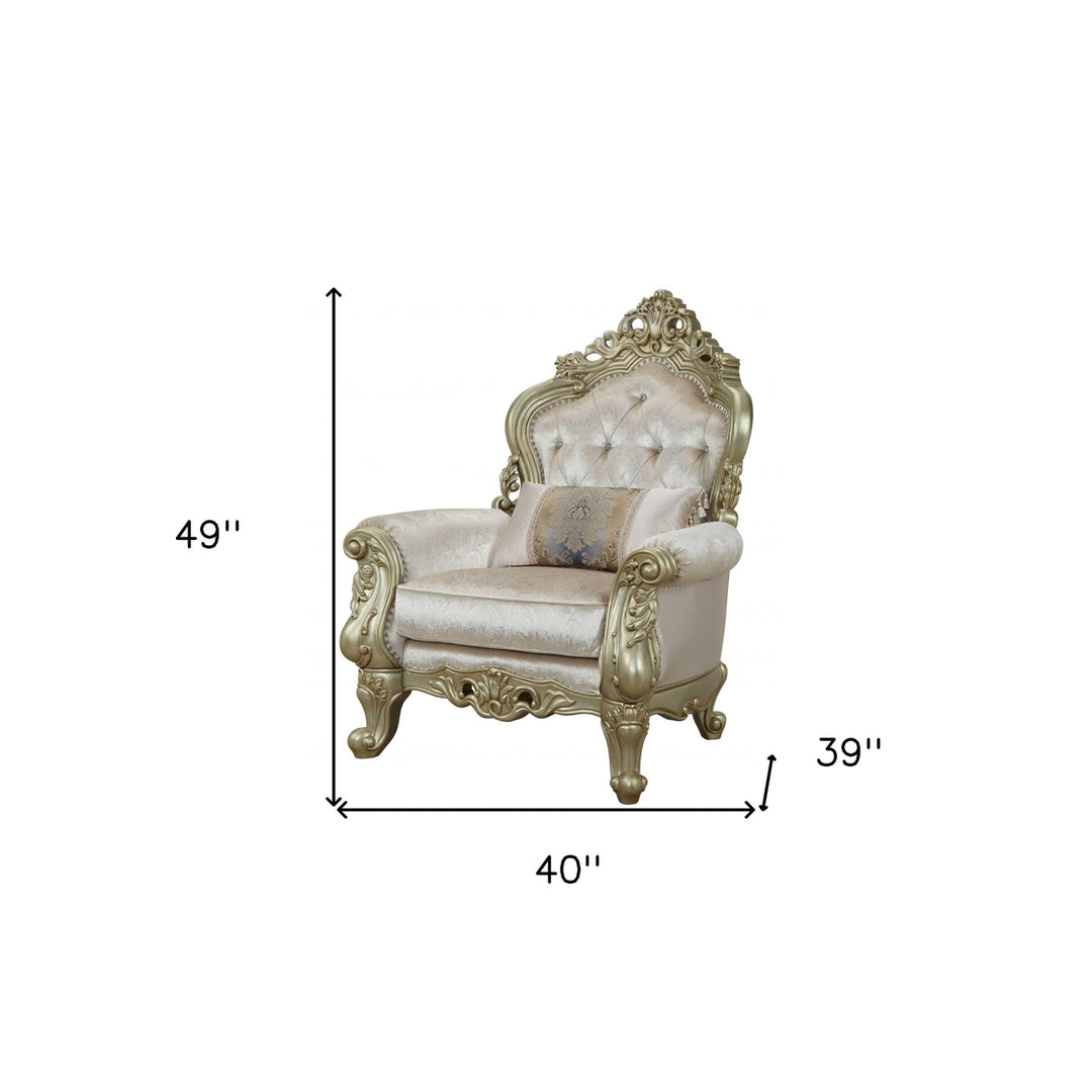 40" White And Pearl Fabric Damask Tufted Chesterfield Chair Image 4