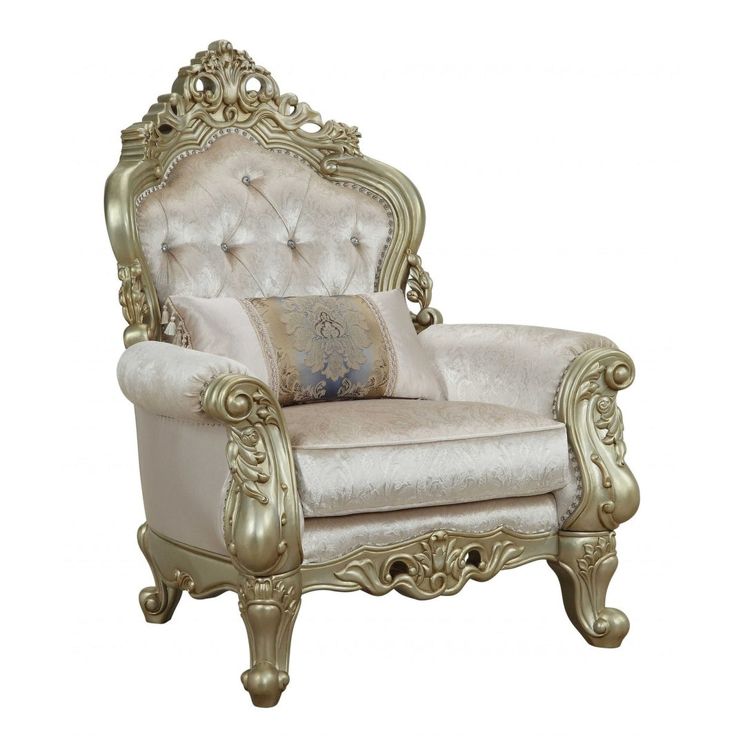 40" White And Pearl Fabric Damask Tufted Chesterfield Chair Image 5