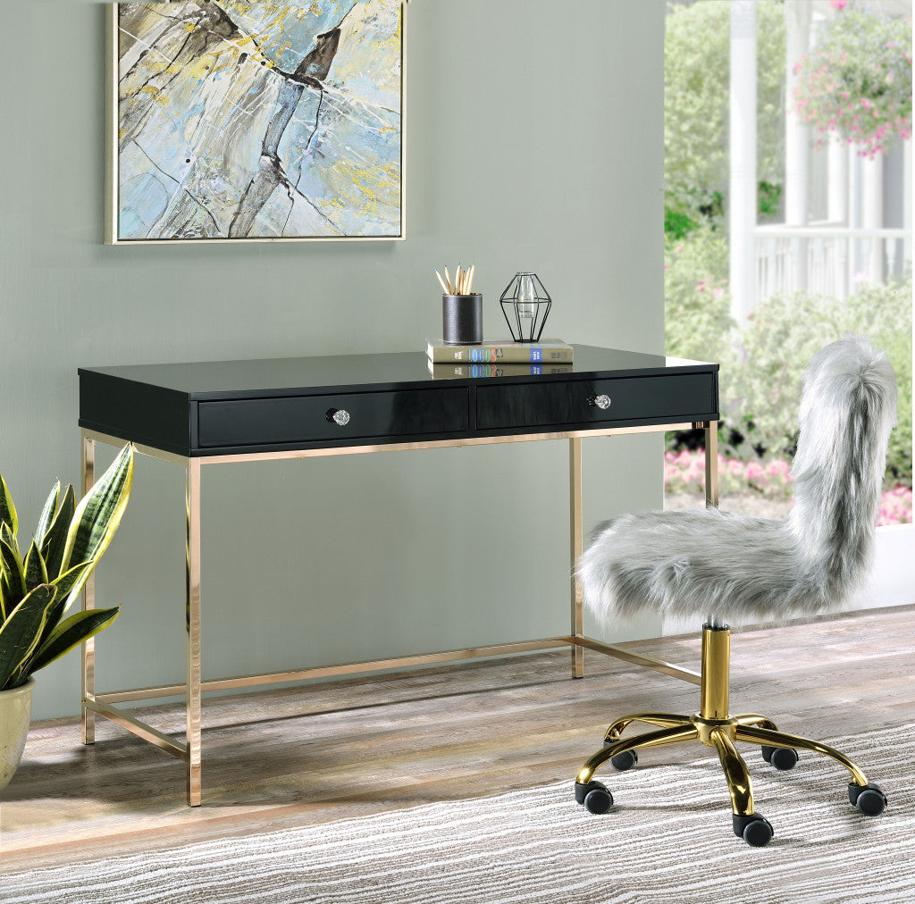 47" Black and Gold Writing Desk With Two Drawers Image 5