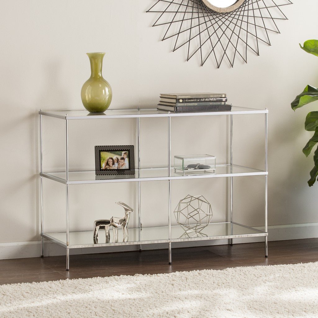 42" Clear and Silver Glass Mirrored Floor Shelf Console Table With Storage Image 1