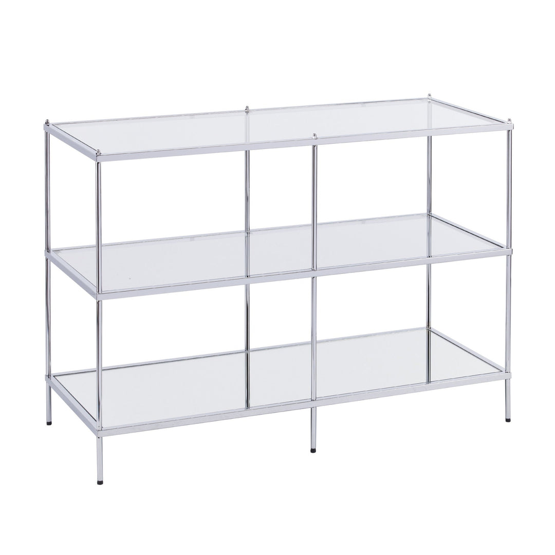 42" Clear and Silver Glass Mirrored Floor Shelf Console Table With Storage Image 4