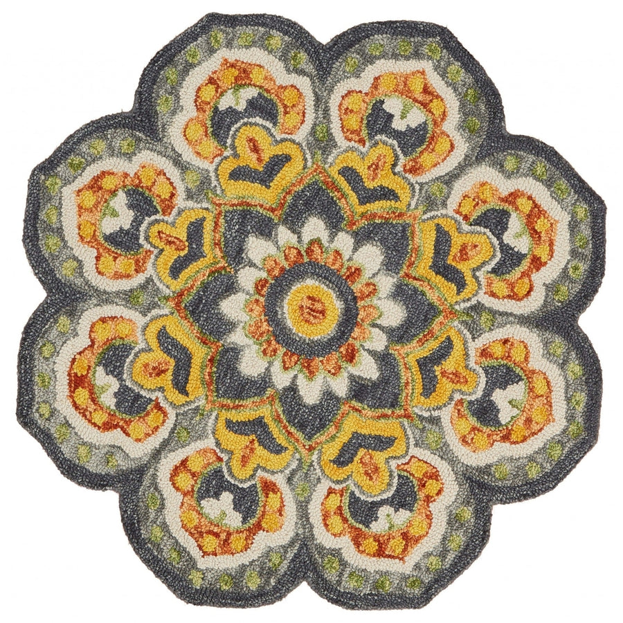 4 Round Gray And Gold Floret Area Rug Image 1