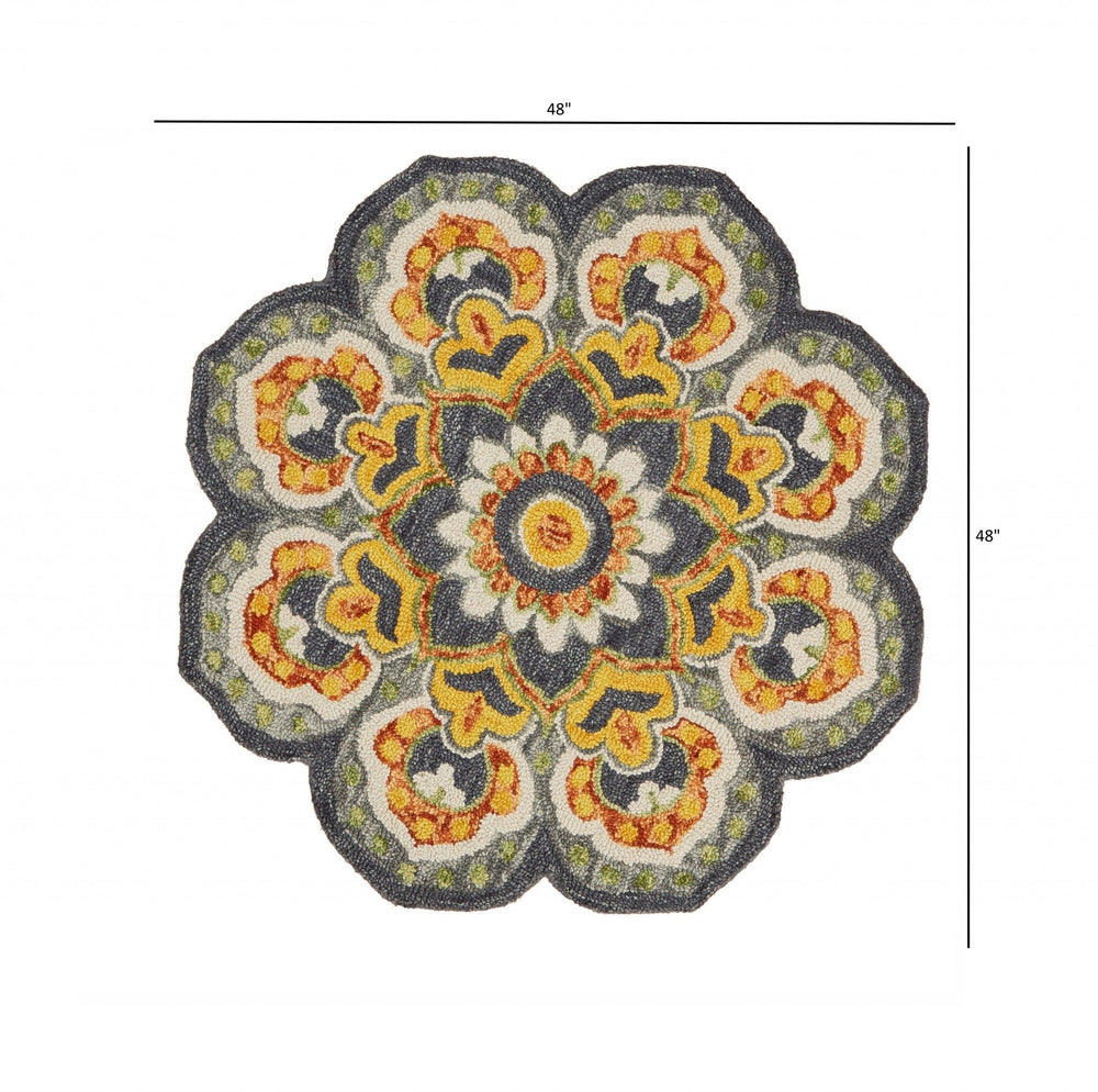 4 Round Gray And Gold Floret Area Rug Image 2