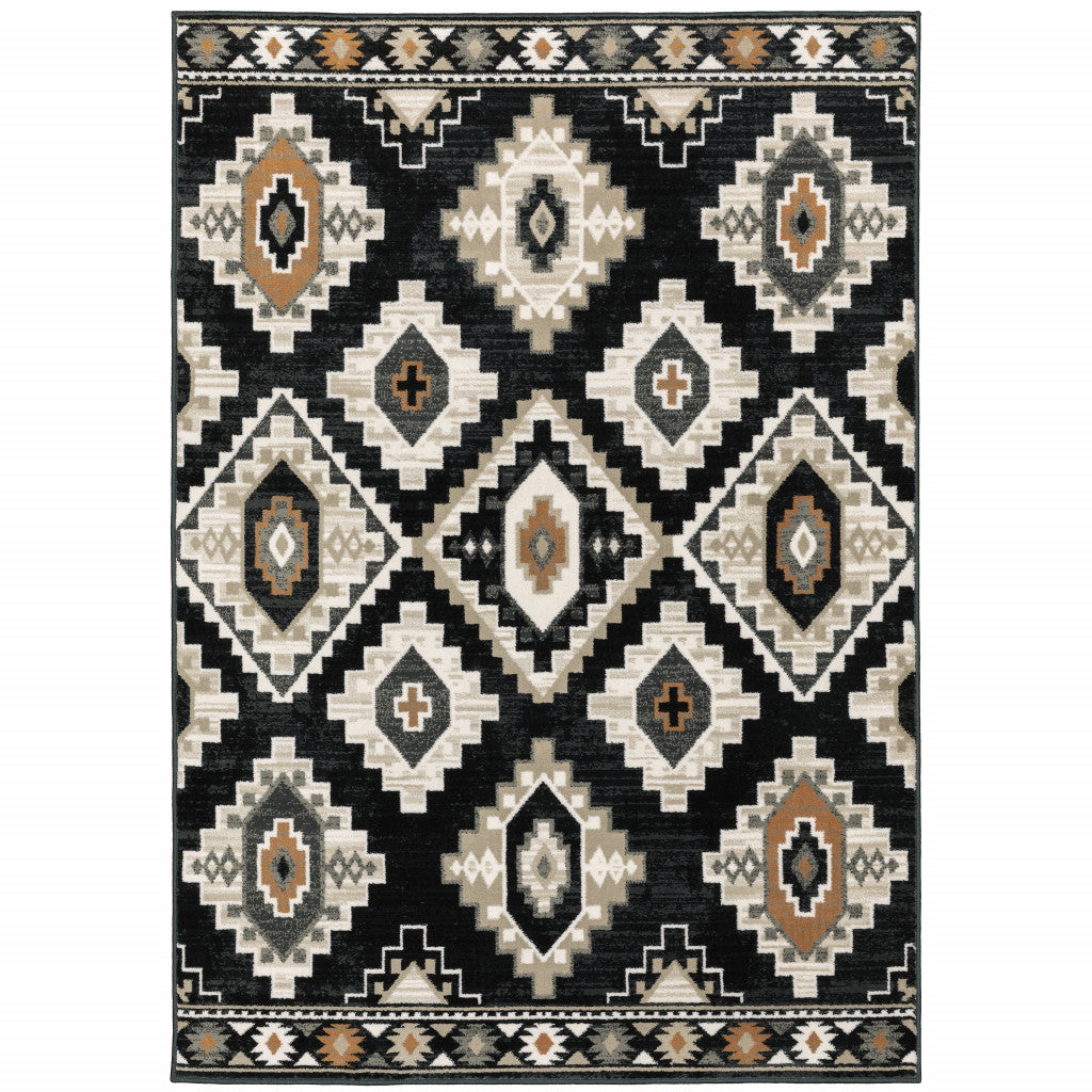 5 X 7 Black Grey Tan Orange And Ivory Southwestern Power Loom Stain Resistant Area Rug Image 1