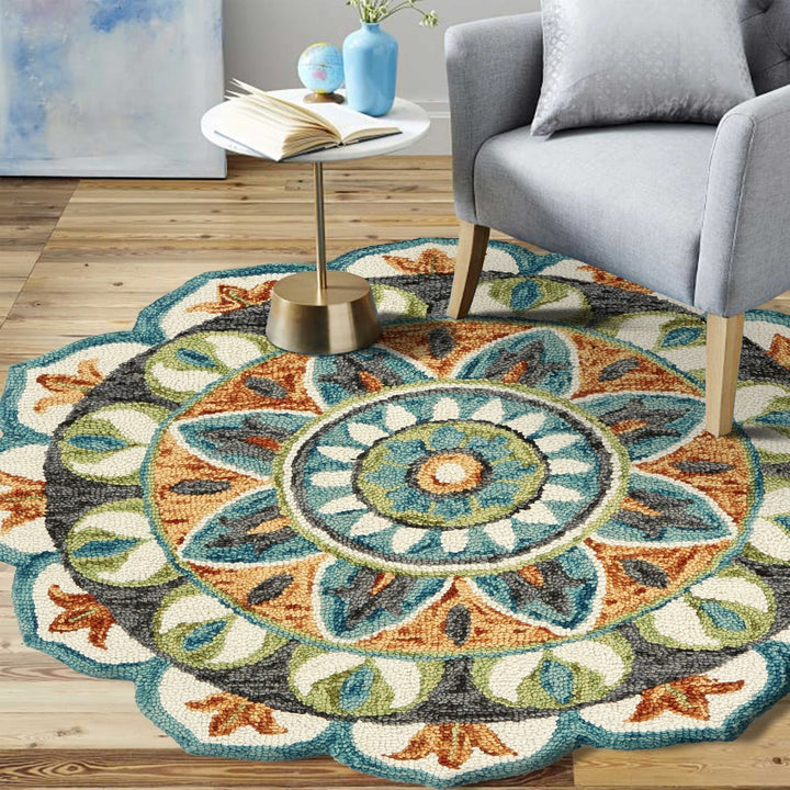 4 Round Blue And Orange Medallion Area Rug Image 7