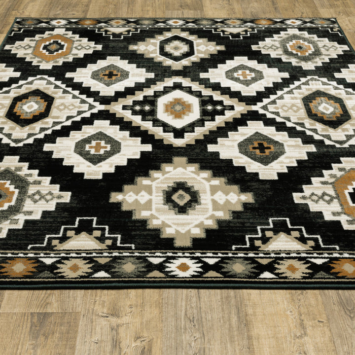 5 X 7 Black Grey Tan Orange And Ivory Southwestern Power Loom Stain Resistant Area Rug Image 8