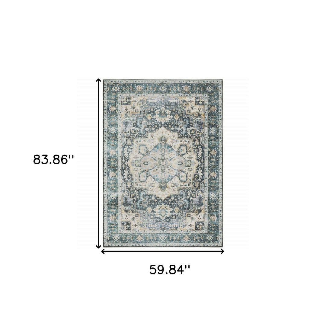 5 X 7 Blue Ivory Teal Brown And Gold Oriental Printed Stain Resistant Non Skid Area Rug Image 10