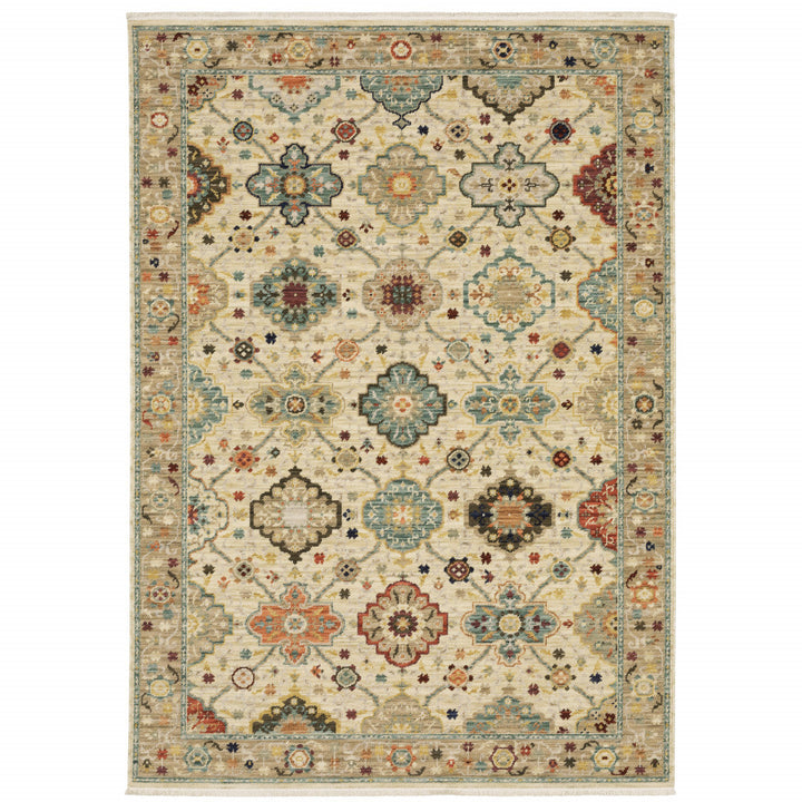 5 X 8 Beige Pale Blue Rust Gold Tan Brown And Orange Oriental Power Loom Stain Resistant Area Rug With Fringe Image 1