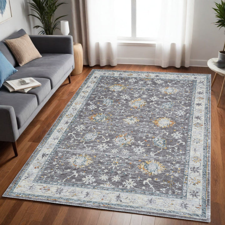 5 x 8 Gray and Ivory Floral Area Rug Image 3