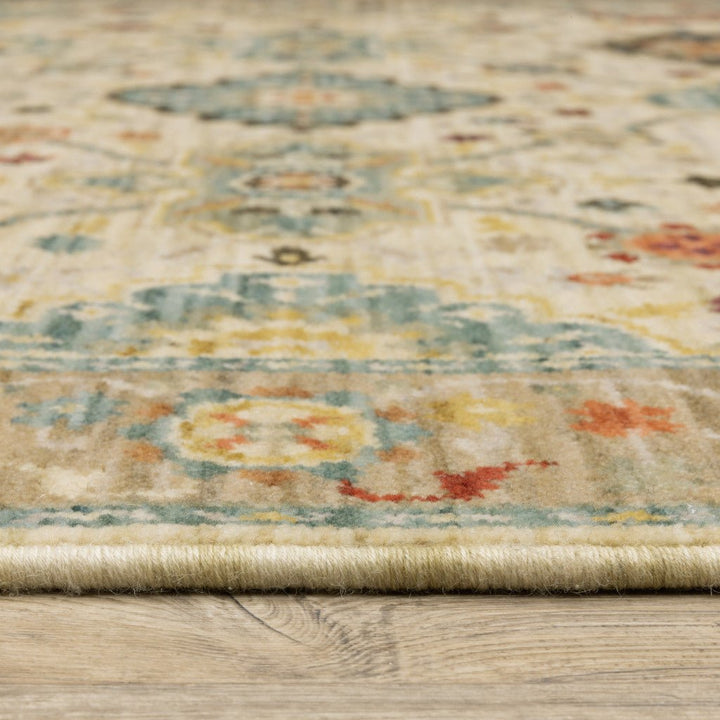 5 X 8 Beige Pale Blue Rust Gold Tan Brown And Orange Oriental Power Loom Stain Resistant Area Rug With Fringe Image 5