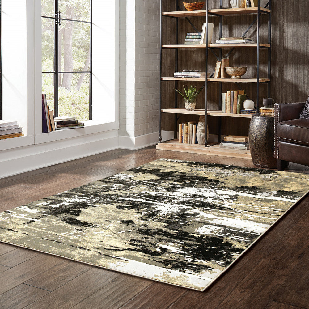 5 X 8 Black Gold Grey And Ivory Abstract Power Loom Stain Resistant Area Rug Image 2