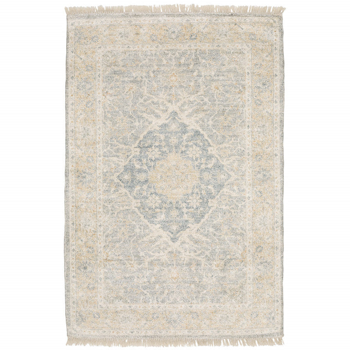 5 X 8 Grey And Beige Oriental Hand Loomed Stain Resistant Area Rug With Fringe Image 1