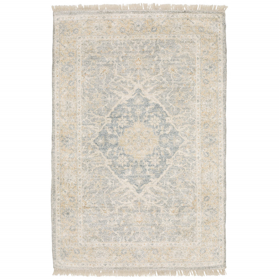 5 X 8 Grey And Beige Oriental Hand Loomed Stain Resistant Area Rug With Fringe Image 1