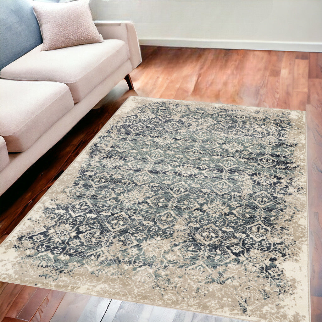 5 x 8 Ivory and Blue Oriental Area Rug Image 6