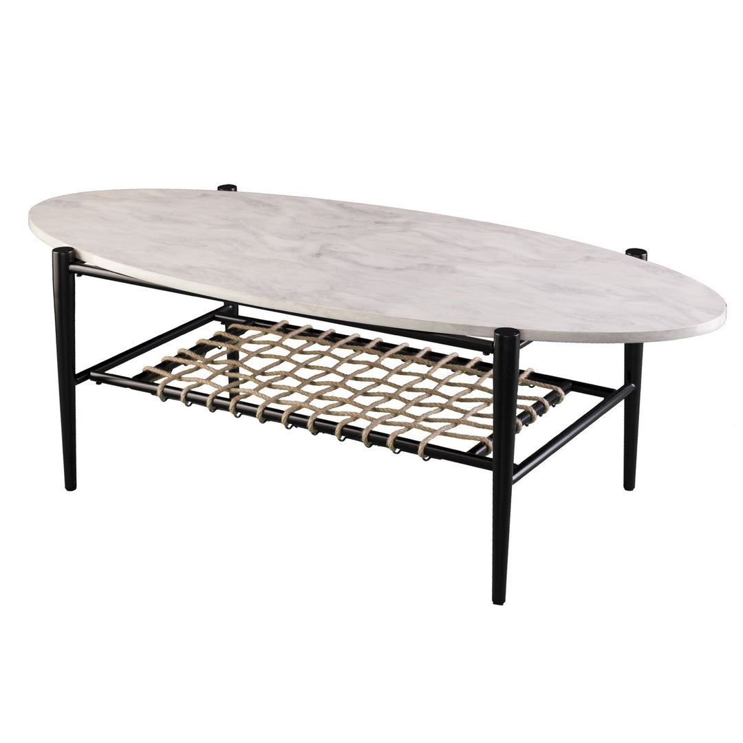 52" Black and White Metal and Faux Marble Boho Rope Oval Coffee Table Image 2