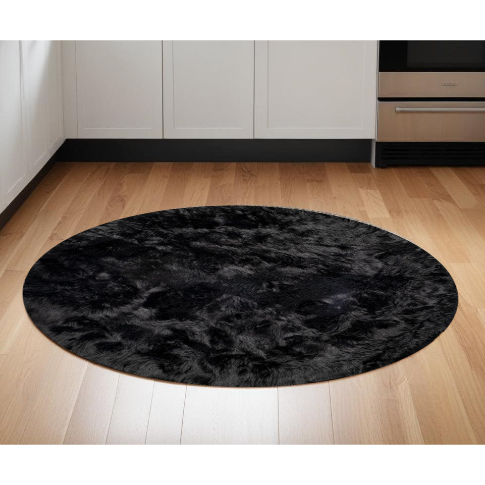 6 X 6 Black Round Faux faux Washable Non Skid Area Rug Image 5