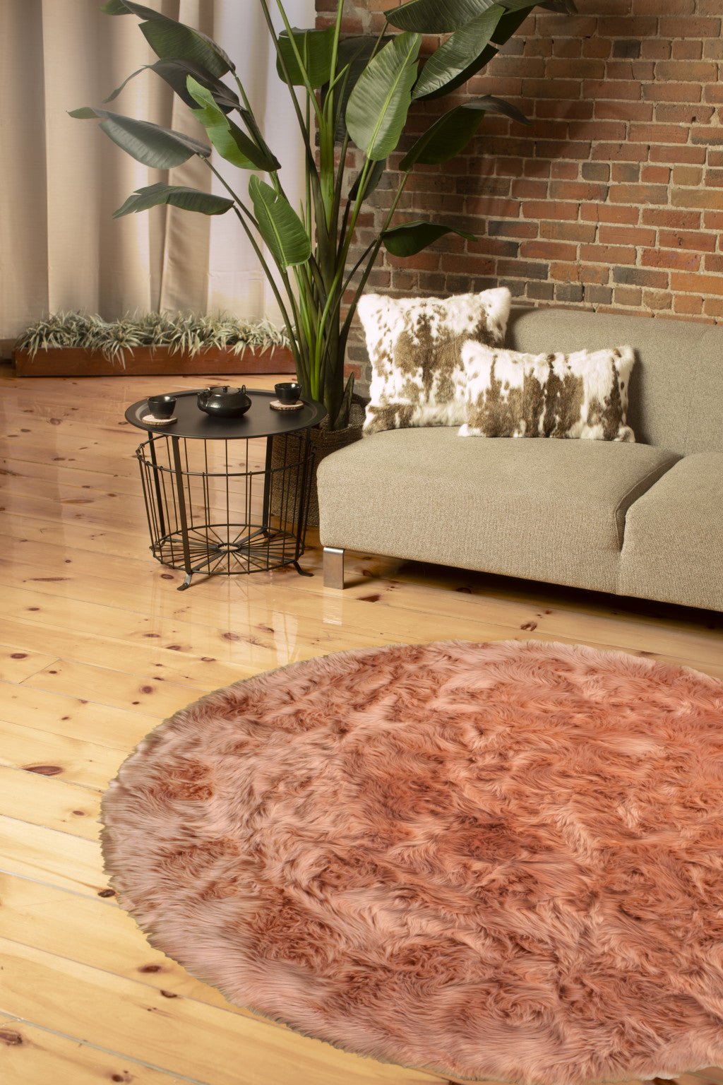 6 X 6 Dusty Rose Round Faux faux Washable Non Skid Area Rug Image 1