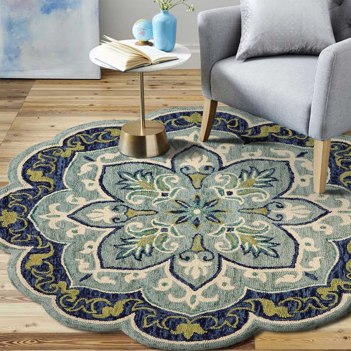 4 Round Blue Ornate Medallion Area Rug Image 3