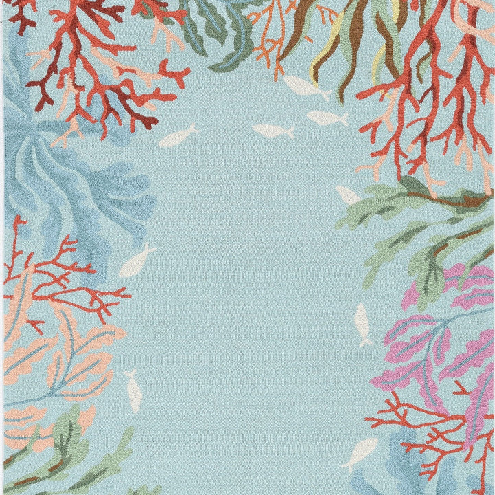 5X8 Blue Hand Hooked Bordered Coral Reef Indoor Area Rug Image 3