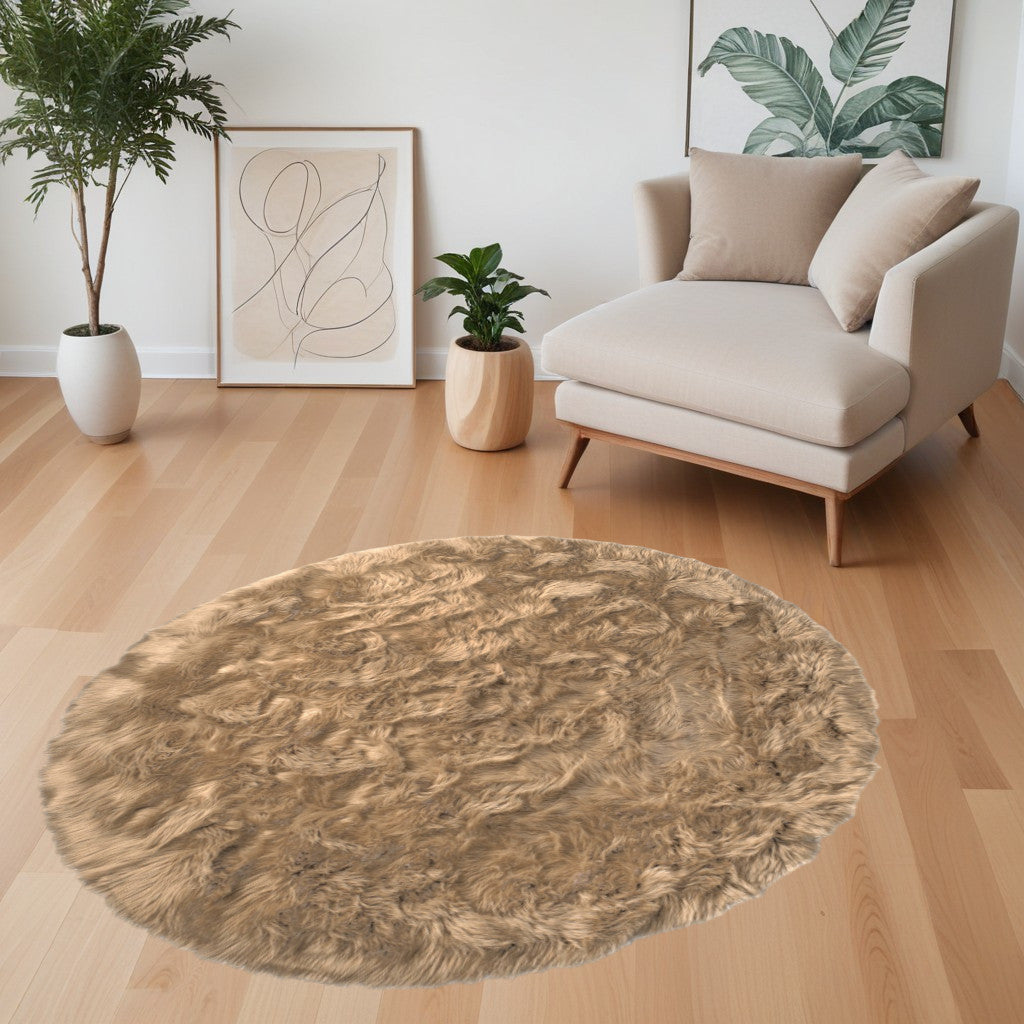 6 X 6 Tan Round Faux faux Washable Non Skid Area Rug Image 5